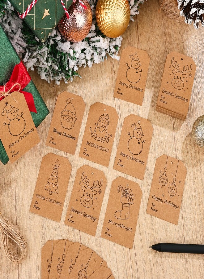 Fairooth 120 Pcs Christmas Gift Tags with String 3" x 2" Christmas Kraft Paper Name Tags Doodle Xmas Brown Kraft Paper Gift Labels for Xmas Holiday Presents DIY Gifts Wrapping Decorations - Image 4